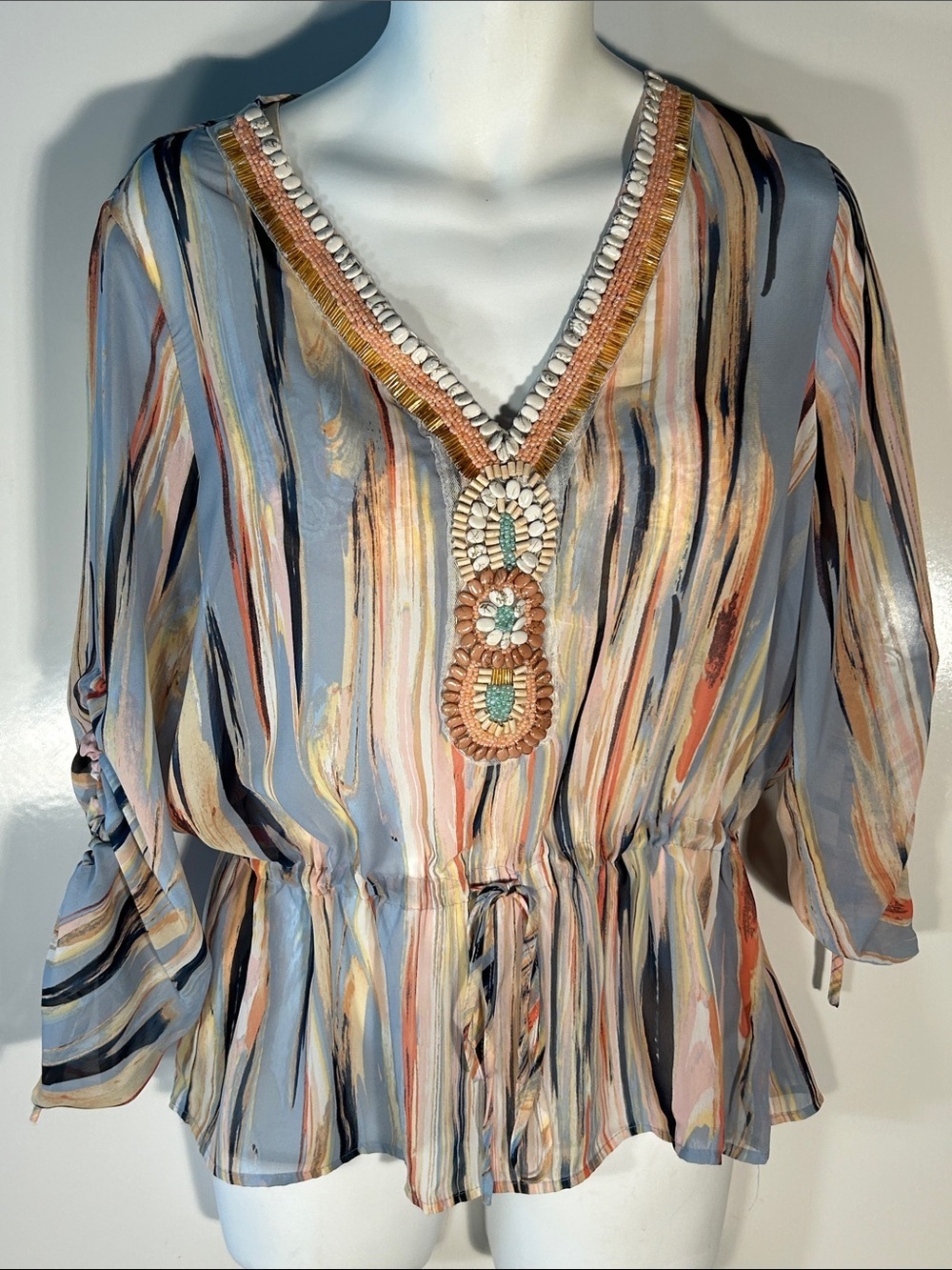 Melissa Paige SZ L Beaded Flowy Multi Color Stripe Peasant Top Boho Chic 90s